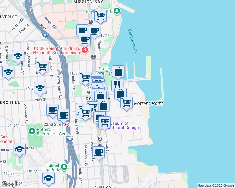 map of restaurants, bars, coffee shops, grocery stores, and more near 2 20th Street in San Francisco