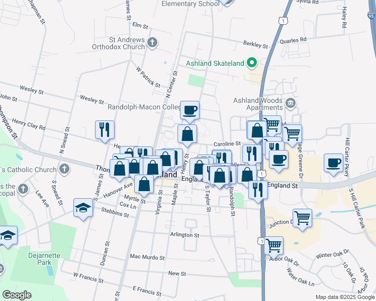 map of restaurants, bars, coffee shops, grocery stores, and more near 304 Henry Street in Ashland