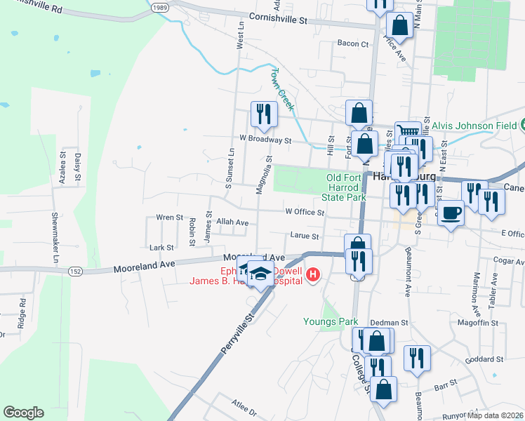 map of restaurants, bars, coffee shops, grocery stores, and more near 477 West Office Street in Harrodsburg