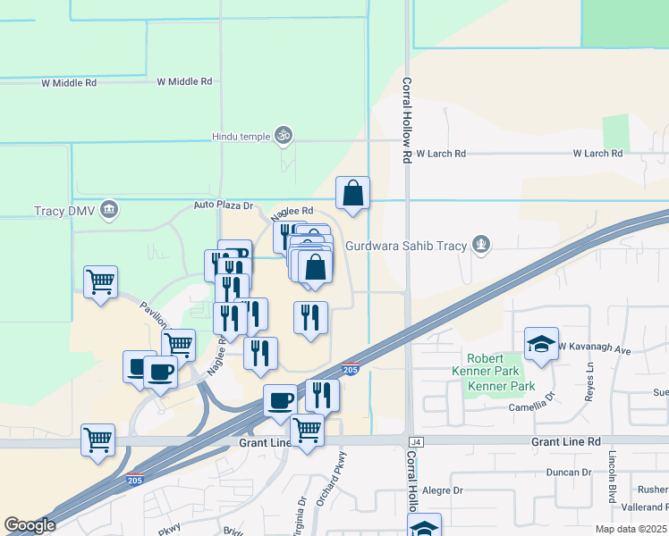 map of restaurants, bars, coffee shops, grocery stores, and more near 3350 Naglee Road in Tracy