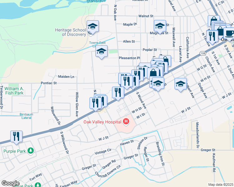 map of restaurants, bars, coffee shops, grocery stores, and more near 20 North Oak Avenue in Oakdale