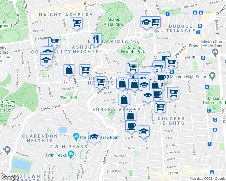 map of restaurants, bars, coffee shops, grocery stores, and more near 4614 18th Street in San Francisco