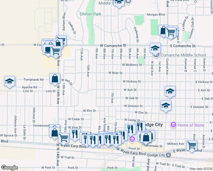 map of restaurants, bars, coffee shops, grocery stores, and more near 1305-1311 8th Avenue in Dodge City