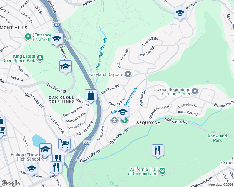 map of restaurants, bars, coffee shops, grocery stores, and more near 3975 Turnley Avenue in Oakland