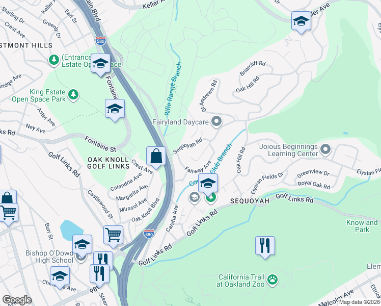 map of restaurants, bars, coffee shops, grocery stores, and more near 3828 Sequoyah Road in Oakland