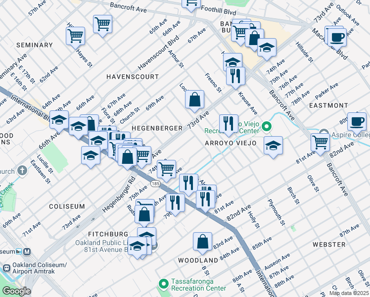 map of restaurants, bars, coffee shops, grocery stores, and more near 1818 74th Avenue in Oakland