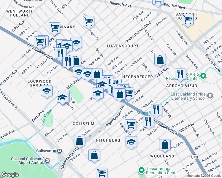 map of restaurants, bars, coffee shops, grocery stores, and more near in Oakland