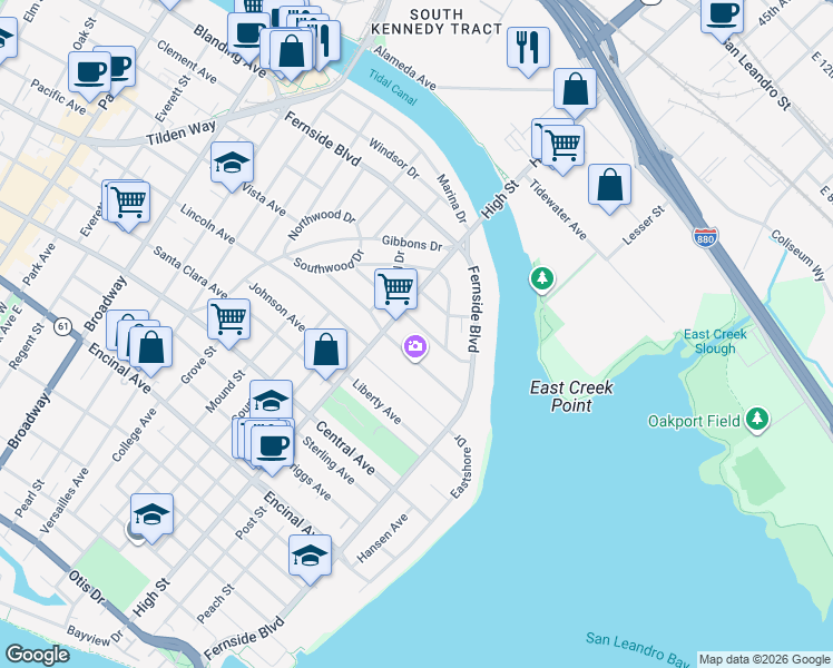 map of restaurants, bars, coffee shops, grocery stores, and more near 3223 Fairview Avenue in Alameda