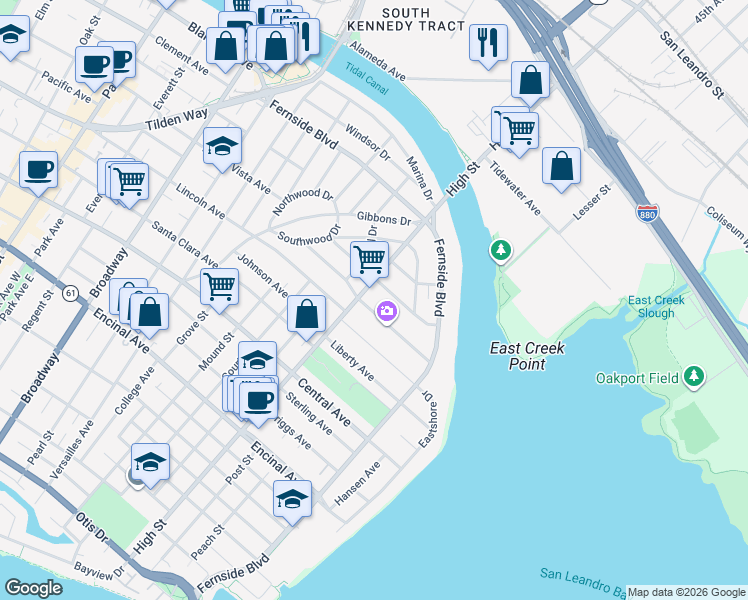 map of restaurants, bars, coffee shops, grocery stores, and more near 1621 High Street in Alameda