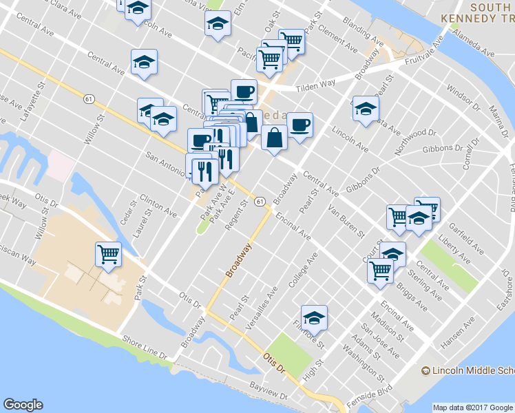 map of restaurants, bars, coffee shops, grocery stores, and more near 1307 Broadway in Alameda