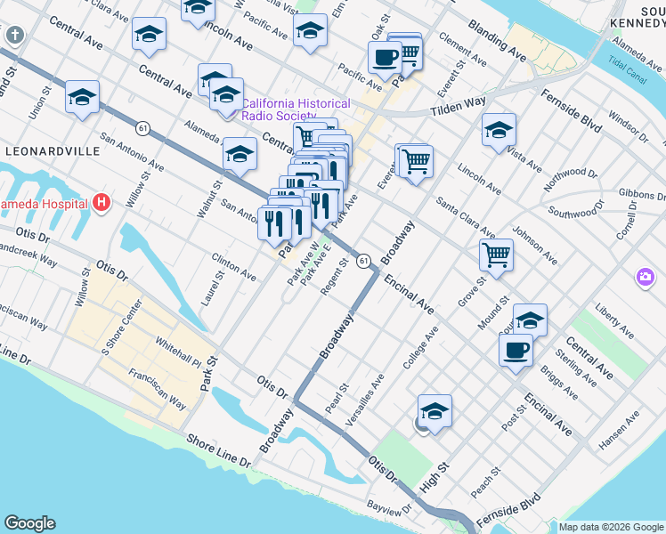 map of restaurants, bars, coffee shops, grocery stores, and more near 1251 Regent Street in Alameda