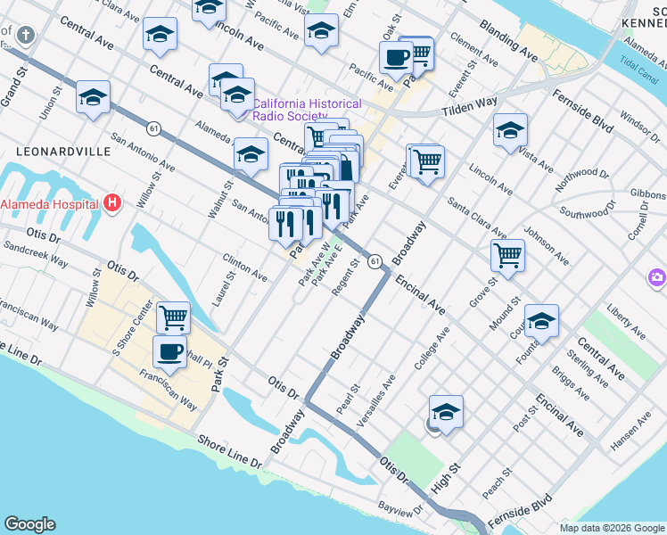 map of restaurants, bars, coffee shops, grocery stores, and more near 2430 Encinal Avenue in Alameda