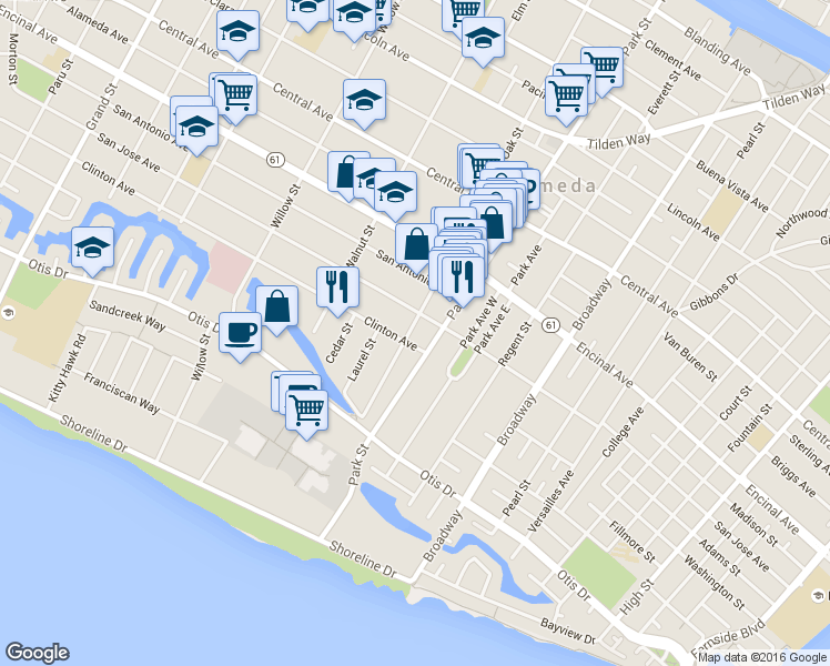 map of restaurants, bars, coffee shops, grocery stores, and more near 917 Oak Street in Alameda