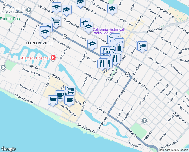 map of restaurants, bars, coffee shops, grocery stores, and more near 917 Oak Street in Alameda