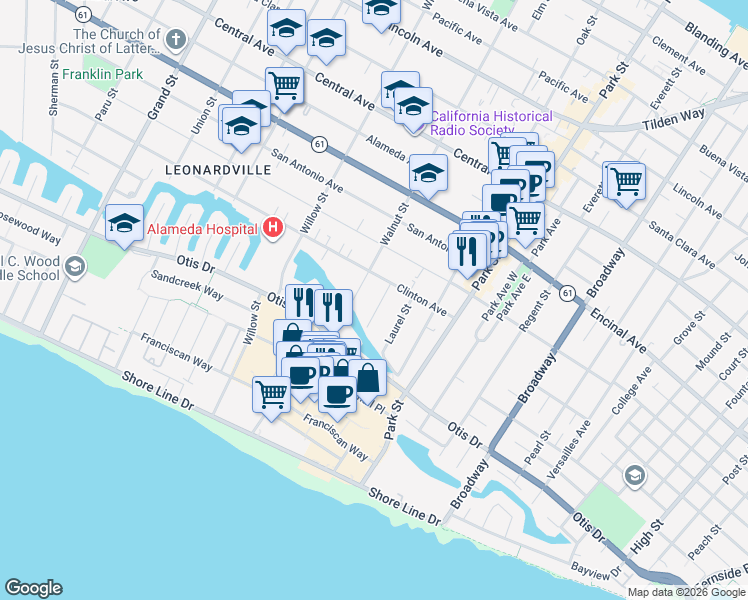map of restaurants, bars, coffee shops, grocery stores, and more near 882 Walnut Street in Alameda