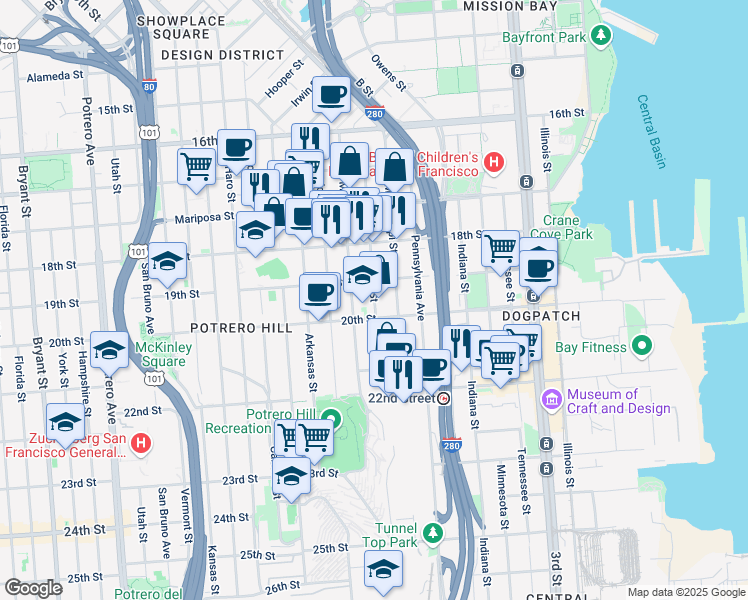 map of restaurants, bars, coffee shops, grocery stores, and more near 418 Texas Street in San Francisco