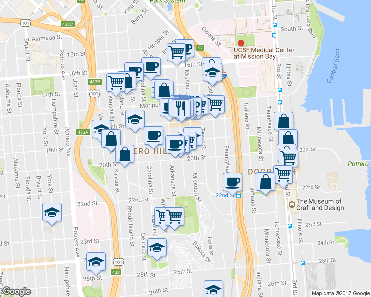 map of restaurants, bars, coffee shops, grocery stores, and more near 415 Connecticut Street in San Francisco