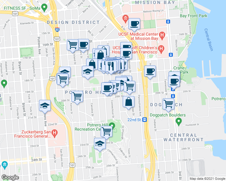 map of restaurants, bars, coffee shops, grocery stores, and more near 415 Connecticut Street in San Francisco