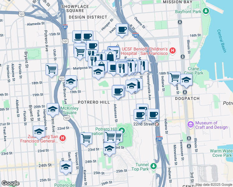map of restaurants, bars, coffee shops, grocery stores, and more near 406 Arkansas Street in San Francisco