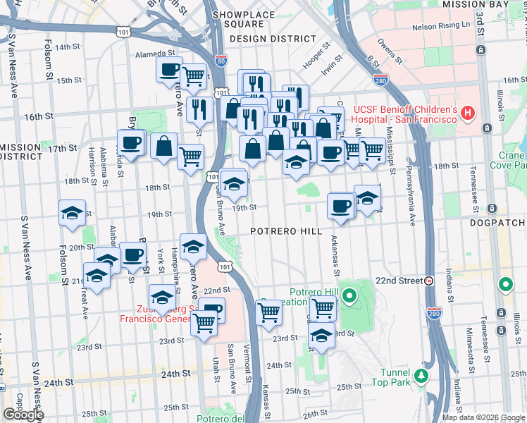 map of restaurants, bars, coffee shops, grocery stores, and more near 2106 19th Street in San Francisco