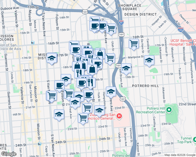 map of restaurants, bars, coffee shops, grocery stores, and more near 627A York Street in San Francisco