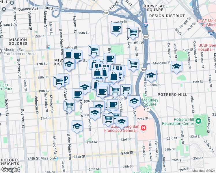 map of restaurants, bars, coffee shops, grocery stores, and more near 2070 Bryant Street in San Francisco