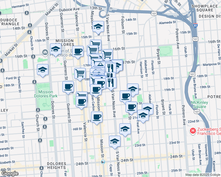 map of restaurants, bars, coffee shops, grocery stores, and more near 772 South Van Ness Avenue in San Francisco