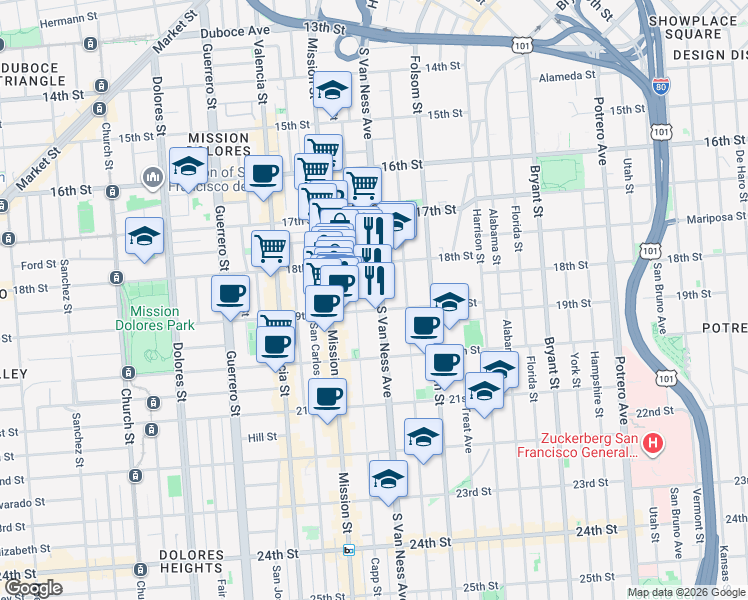 map of restaurants, bars, coffee shops, grocery stores, and more near 772 South Van Ness Avenue in San Francisco