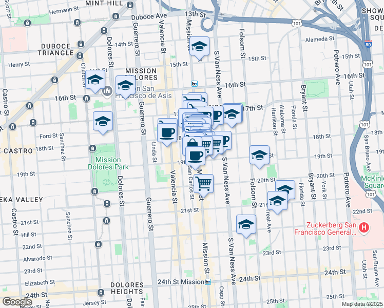 map of restaurants, bars, coffee shops, grocery stores, and more near 2200 Mission Street in San Francisco