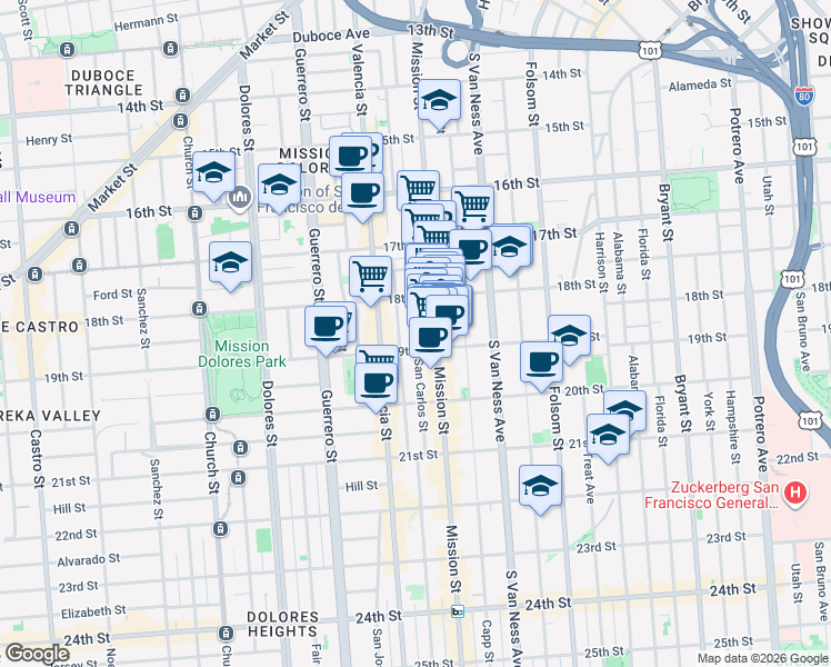 map of restaurants, bars, coffee shops, grocery stores, and more near 2200 Mission Street in San Francisco