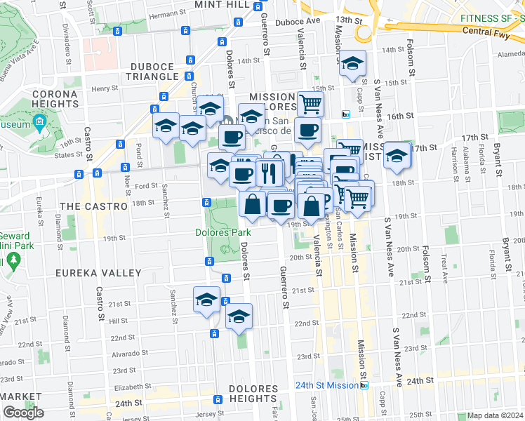 map of restaurants, bars, coffee shops, grocery stores, and more near 630 Guerrero Street in San Francisco