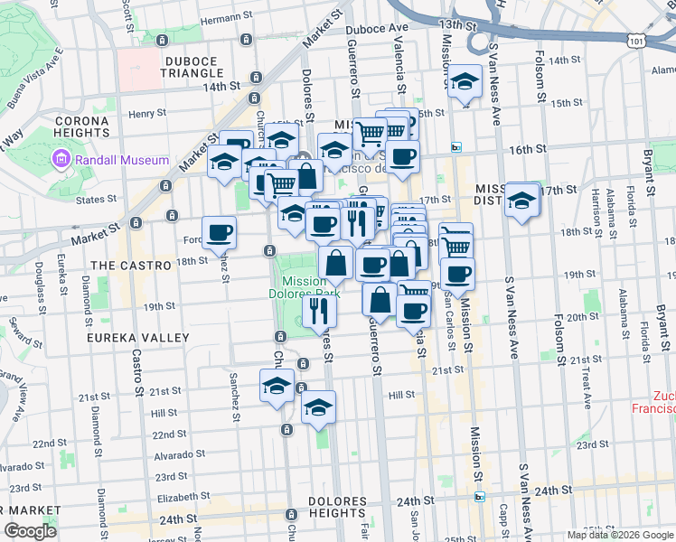 map of restaurants, bars, coffee shops, grocery stores, and more near 499 Dolores Street in San Francisco