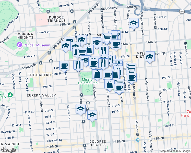 map of restaurants, bars, coffee shops, grocery stores, and more near 499 Dolores Street in San Francisco