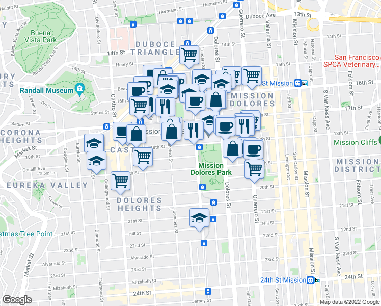 map of restaurants, bars, coffee shops, grocery stores, and more near 3782 18th Street in San Francisco