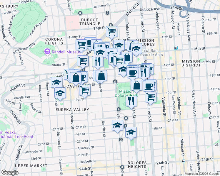 map of restaurants, bars, coffee shops, grocery stores, and more near 3782 18th Street in San Francisco