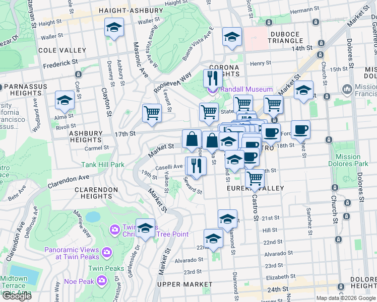 map of restaurants, bars, coffee shops, grocery stores, and more near 59 Hattie Street in San Francisco