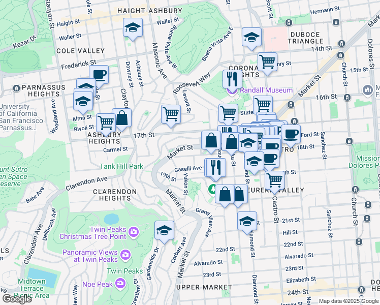 map of restaurants, bars, coffee shops, grocery stores, and more near 3041 Market Street in San Francisco