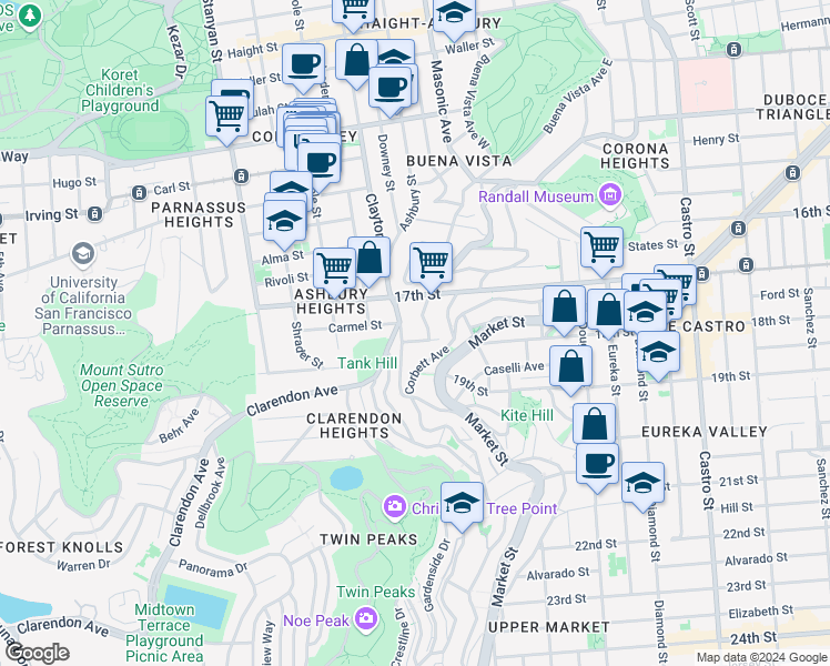 map of restaurants, bars, coffee shops, grocery stores, and more near 1250 Clayton Street in San Francisco