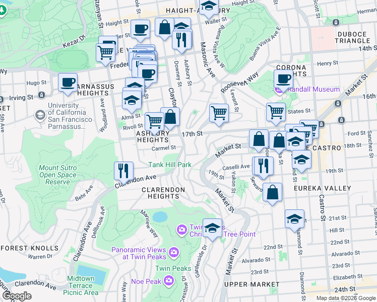 map of restaurants, bars, coffee shops, grocery stores, and more near 1250 Clayton Street in San Francisco