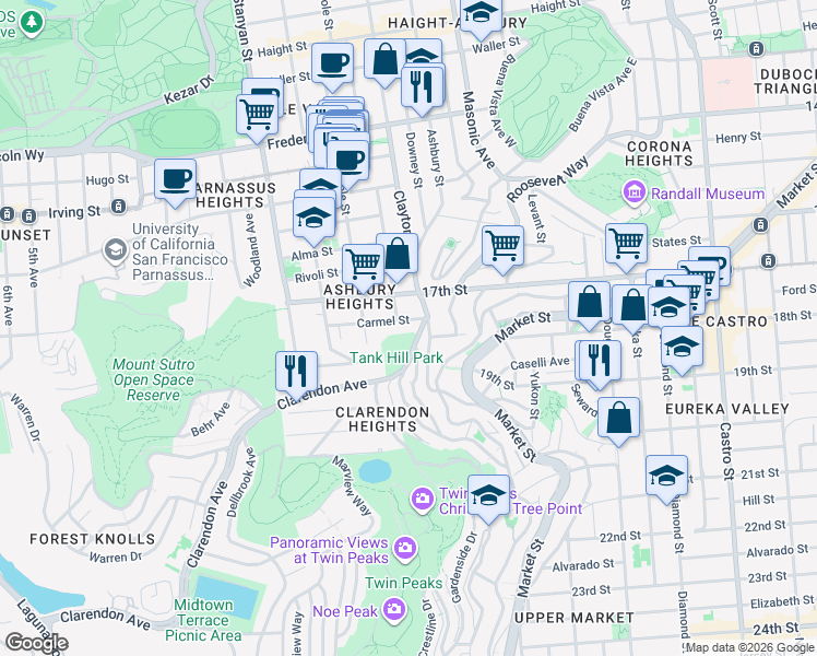 map of restaurants, bars, coffee shops, grocery stores, and more near 1250 Clayton Street in San Francisco