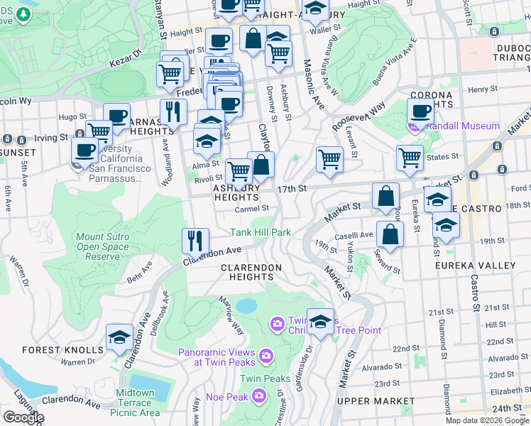 map of restaurants, bars, coffee shops, grocery stores, and more near 649 Belvedere Street in San Francisco