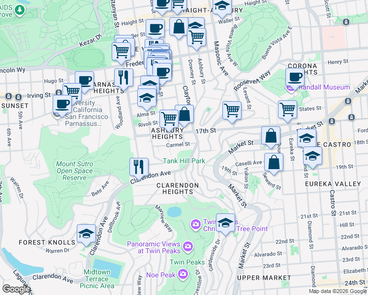 map of restaurants, bars, coffee shops, grocery stores, and more near 649 Belvedere Street in San Francisco