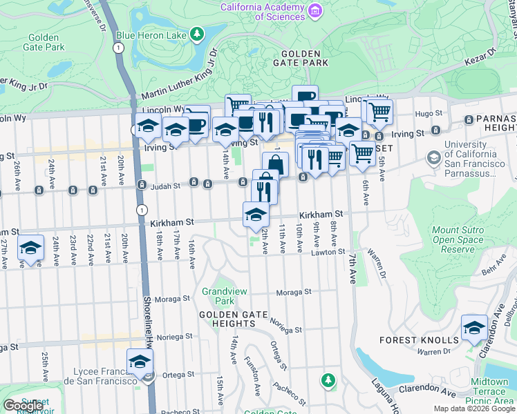 map of restaurants, bars, coffee shops, grocery stores, and more near 1454 12th Avenue in San Francisco
