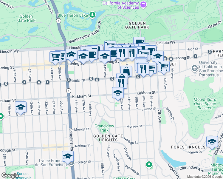 map of restaurants, bars, coffee shops, grocery stores, and more near 1451 Funston Avenue in San Francisco
