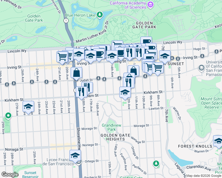 map of restaurants, bars, coffee shops, grocery stores, and more near 1449 14th Avenue in San Francisco