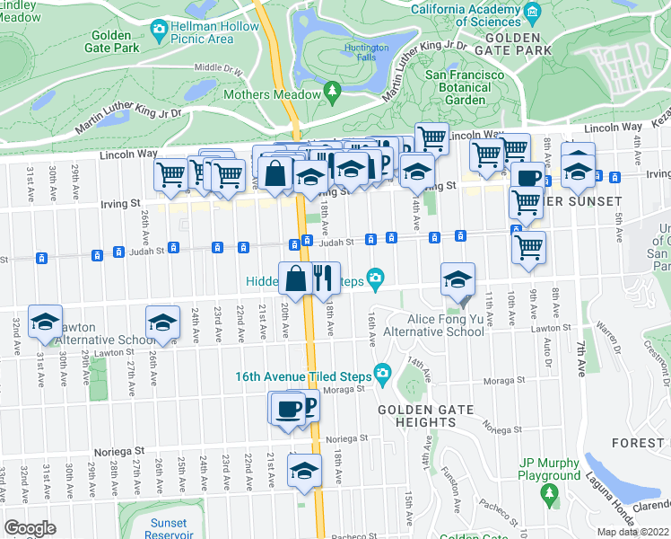 map of restaurants, bars, coffee shops, grocery stores, and more near 1445 17th Avenue in San Francisco