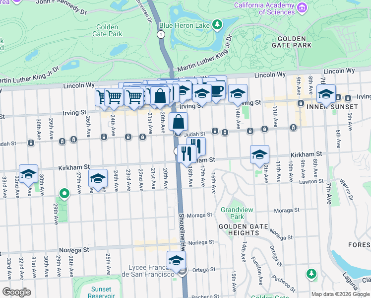 map of restaurants, bars, coffee shops, grocery stores, and more near 1357 Judah Street in San Francisco