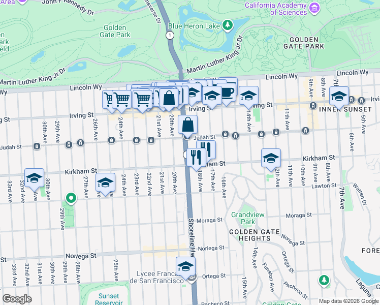 map of restaurants, bars, coffee shops, grocery stores, and more near 1357 Judah Street in San Francisco