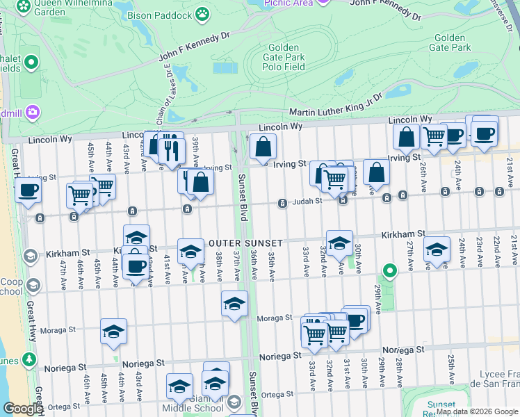 map of restaurants, bars, coffee shops, grocery stores, and more near 3010 Judah Street in San Francisco