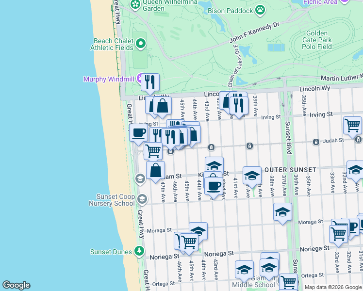 map of restaurants, bars, coffee shops, grocery stores, and more near 1375 45th Avenue in San Francisco